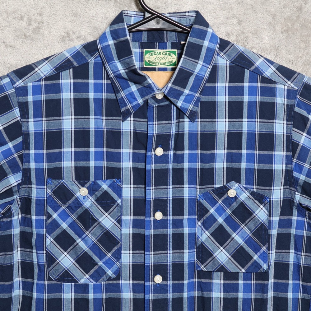 Sugar Cane Light Shirt Men Small Blue Plaid Short Sleeve Button Up Made In Japan